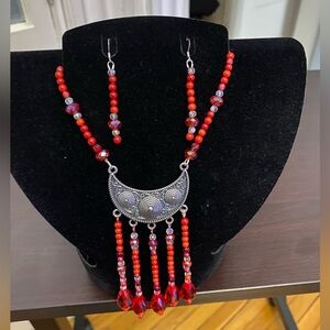 Vibrant Red and Silver Beaded Necklace Set with pendant